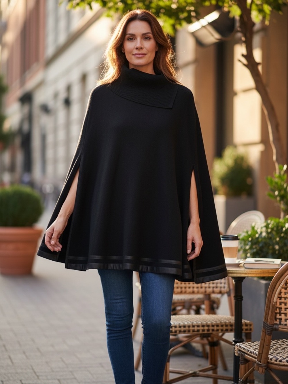 Chico’s Black Knit Cowl Neck Poncho Sweater Faux Leather Trim S/M